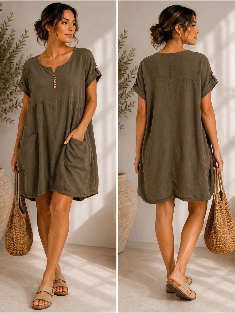 Olive Green Oversized Pocket Tunic Dress | Relaxed Casual Boho Dress